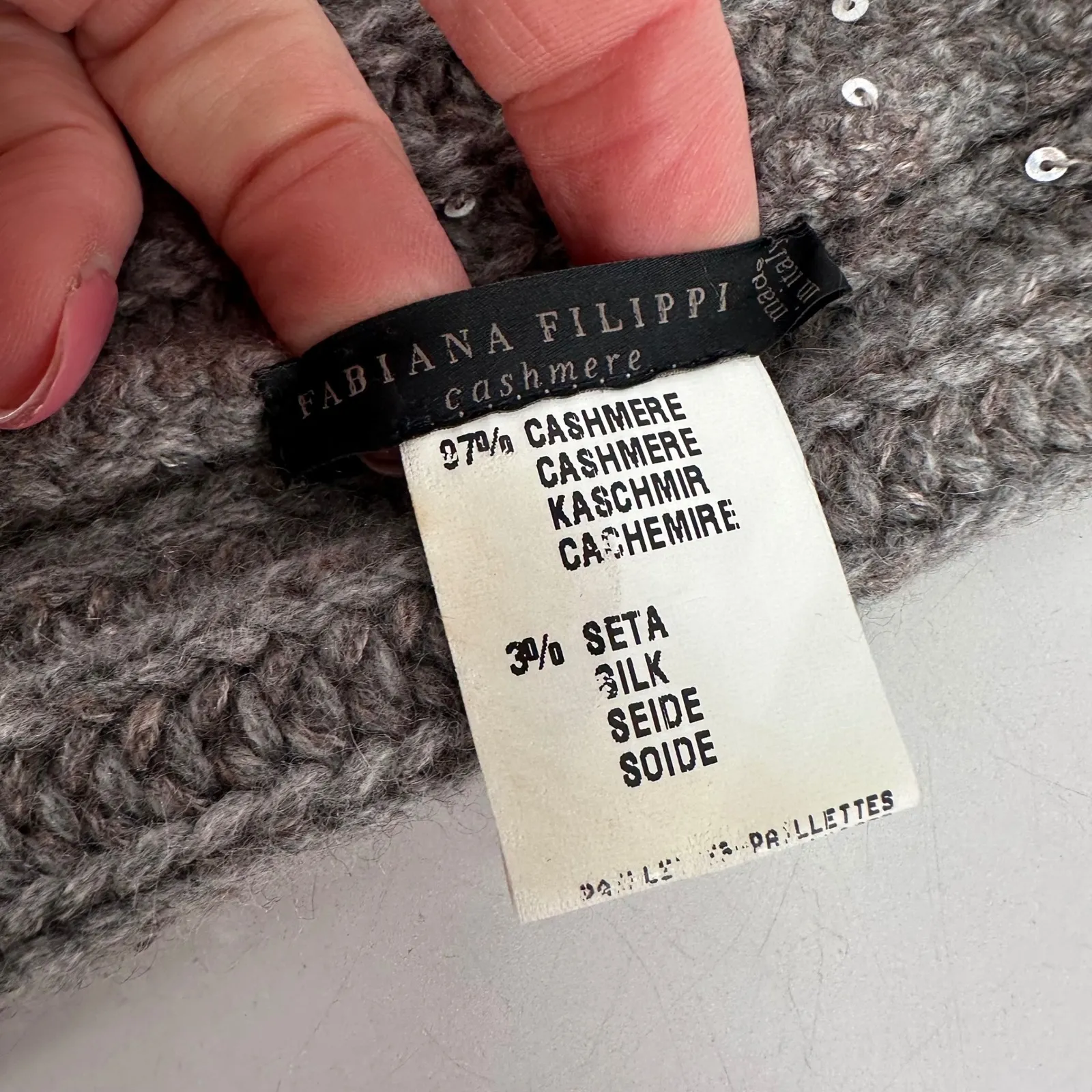 Fabiana Filippi Cashmere Silk Beanie Hat Sequins Gray‎ Made in Italy Gray - Image 4