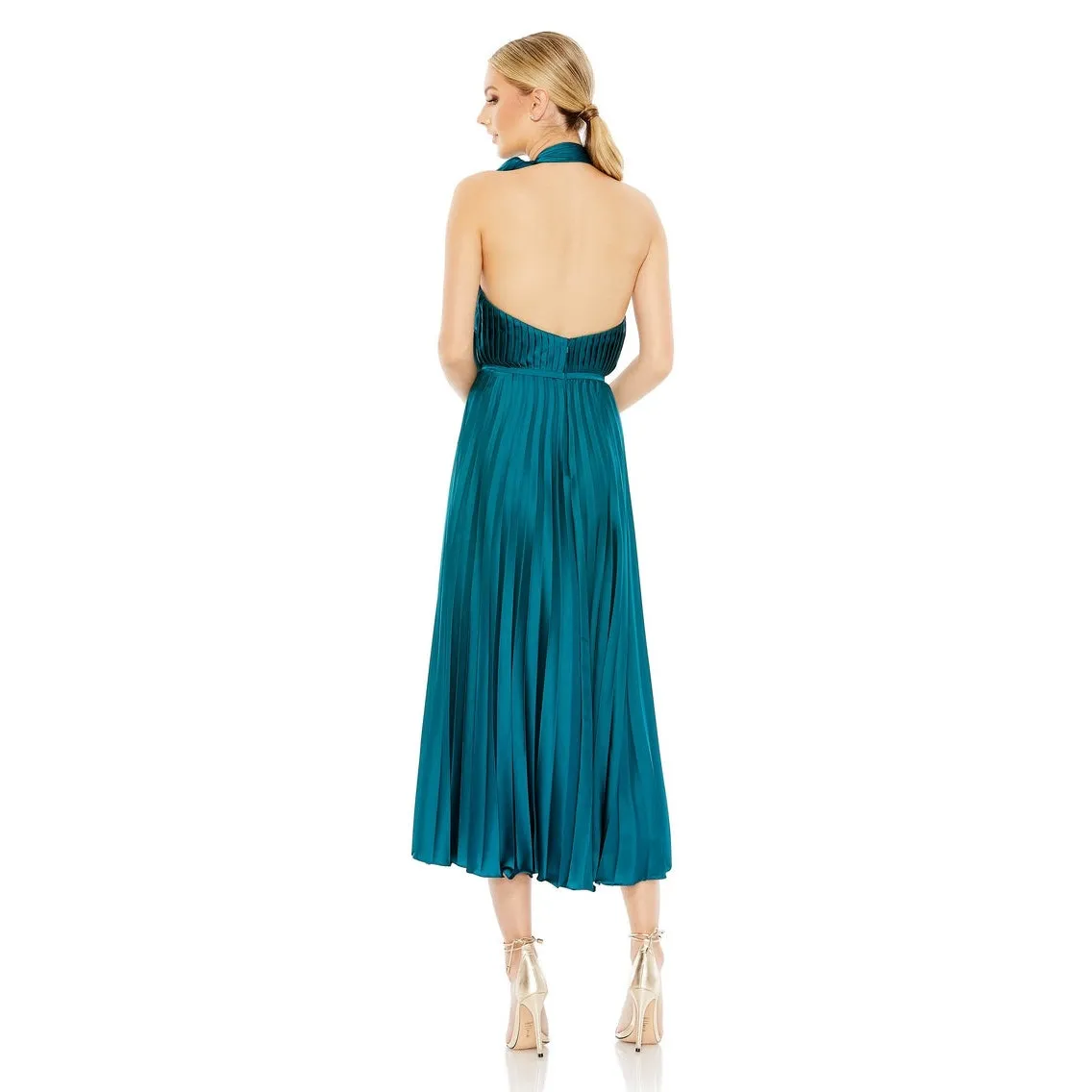 Mac Duggal Teal Blue Halter Neck Tea Length Pleated Satin Cocktail Dress 8 - Image 2