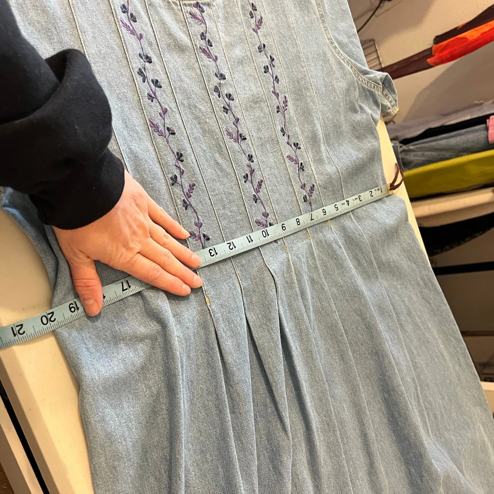 Mark, Fore & Strike Vintage Denim Cotton Purple Floral Embroidered Dress Size 12 Blue - Image 9