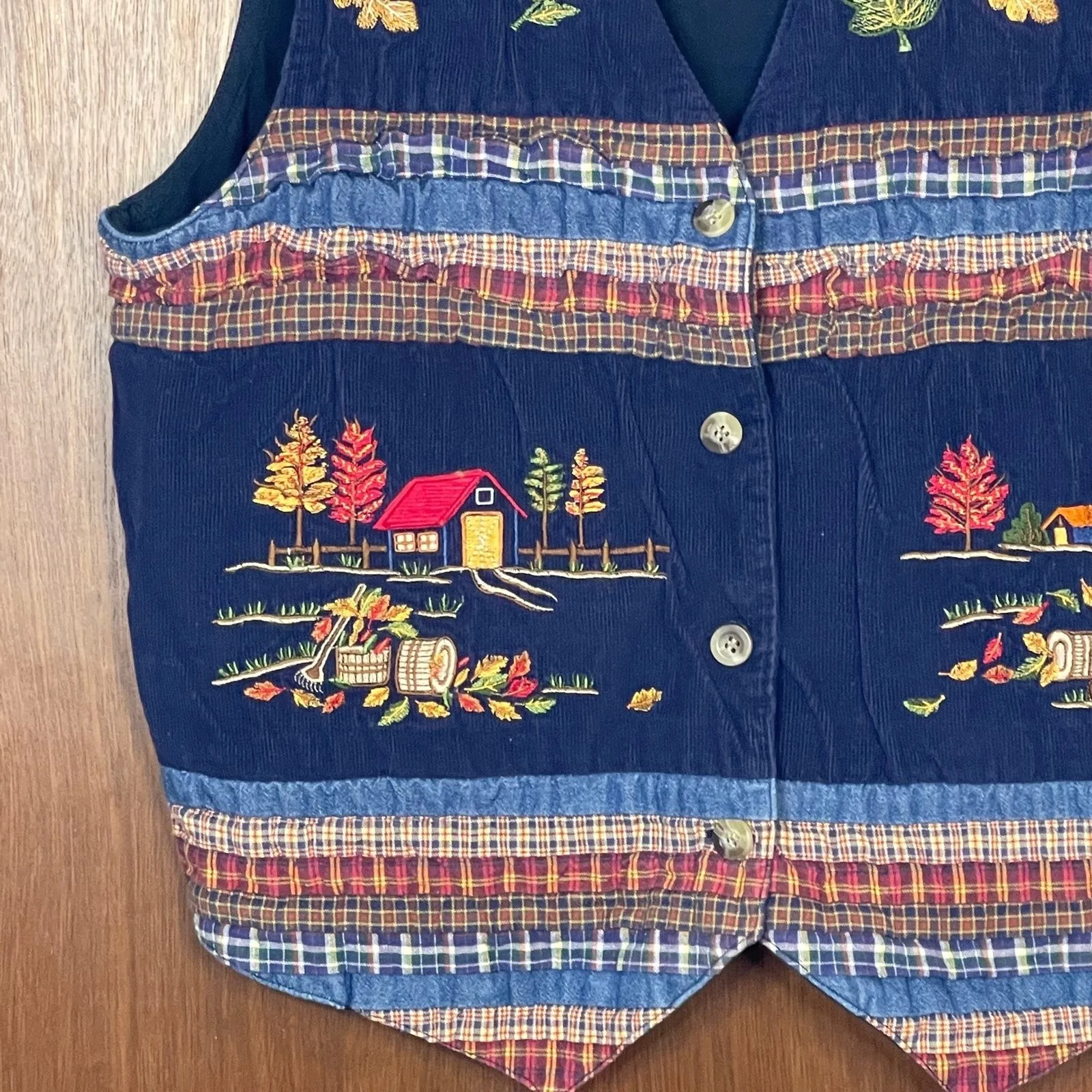 Vintage Casey & Max Patchwork Plaid Fall Leaves Vest Size Large Blue - Image 2