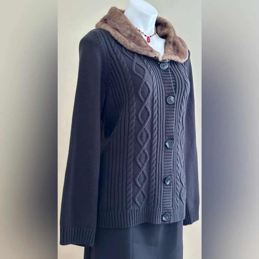 Liz Claiborne Black Cable Kinit Cardigan Top Faux Fur Collar Button Down SZ XL - Image 3