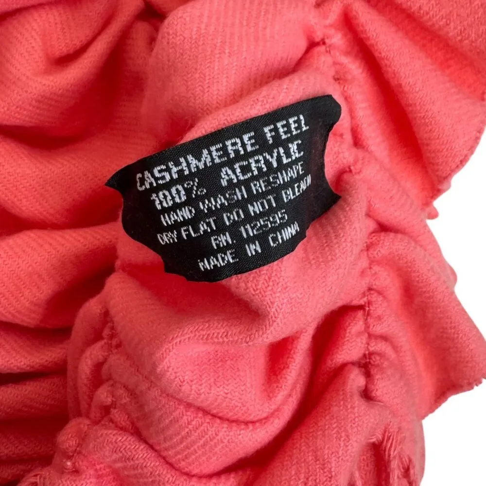 So Soft! Smocked Ruffled Coral Acrylic Scarf With Fringe Cashmere Feel Pink - Image 4