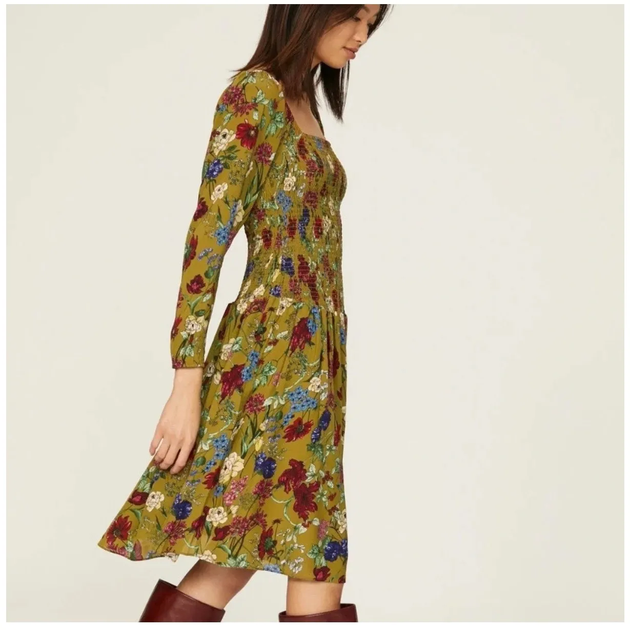 Hatch Maternity Freya Ochre Multicolor Floral Smocked Long Sleeve Dress Size S Yellow - Image 3