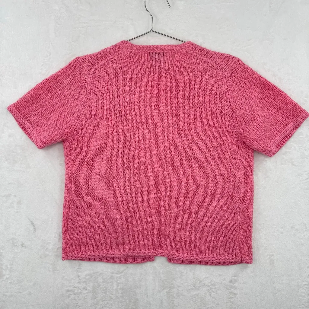 Vintage 80s Pink Cardigan Sweater Open Front Short Sleeves Barbie Women’s Medium - Image 2