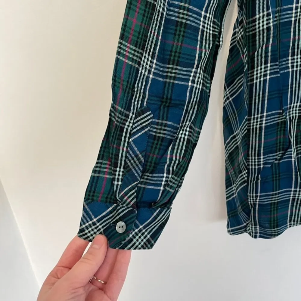 J. JILL Plaid Dipped Hem Button Up Tunic Blue Green Lightweight Button Down S - Image 13