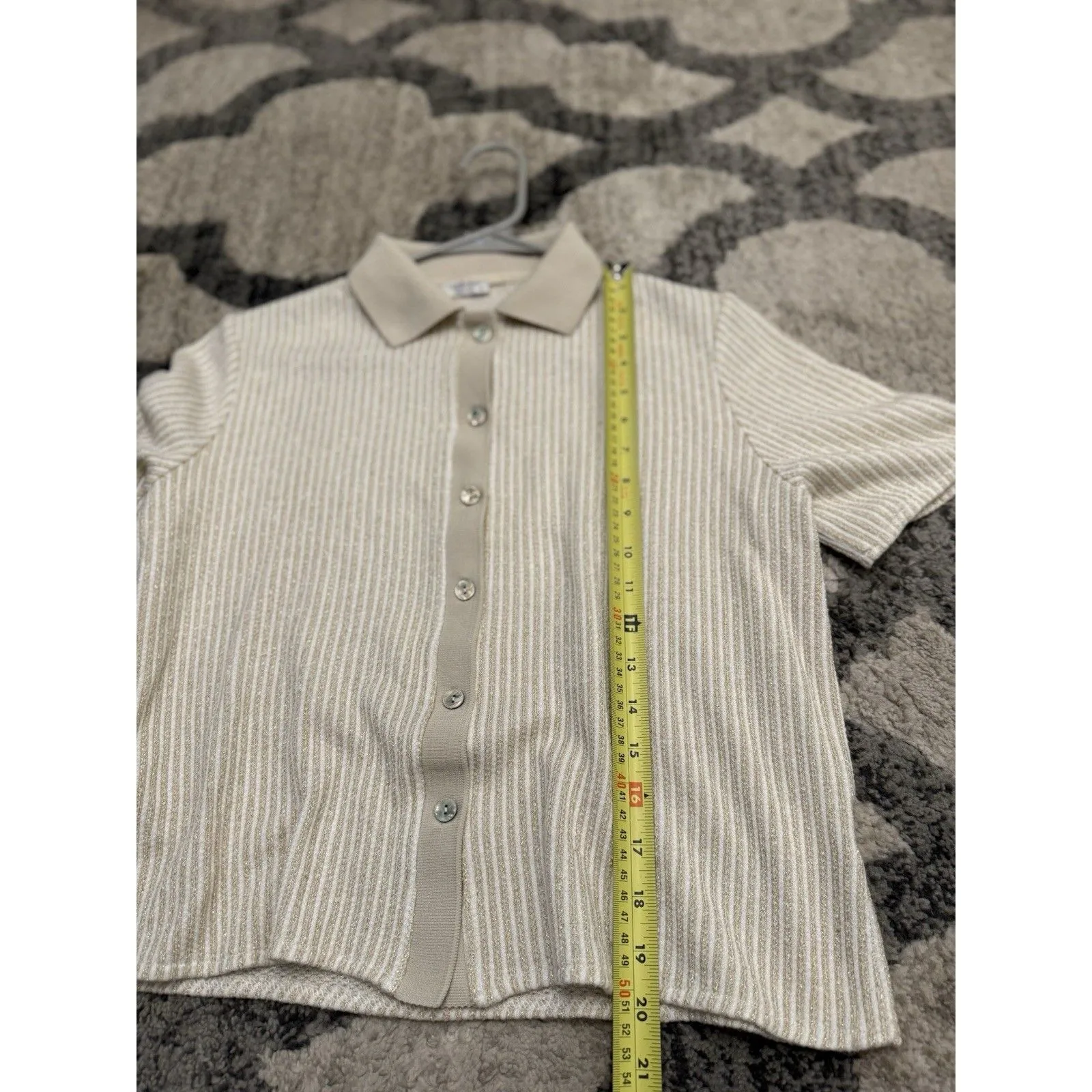 Linea Moda Italy Beige Button Down Knit Shirt M‎ Glitter Thread Short Sleeve Size M - Image 9