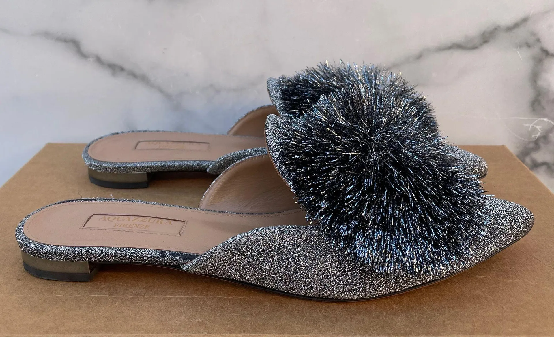 Aquazzura Powder Puff Pompom metallic silver lurex flat mules slippers size 36 - Image 10