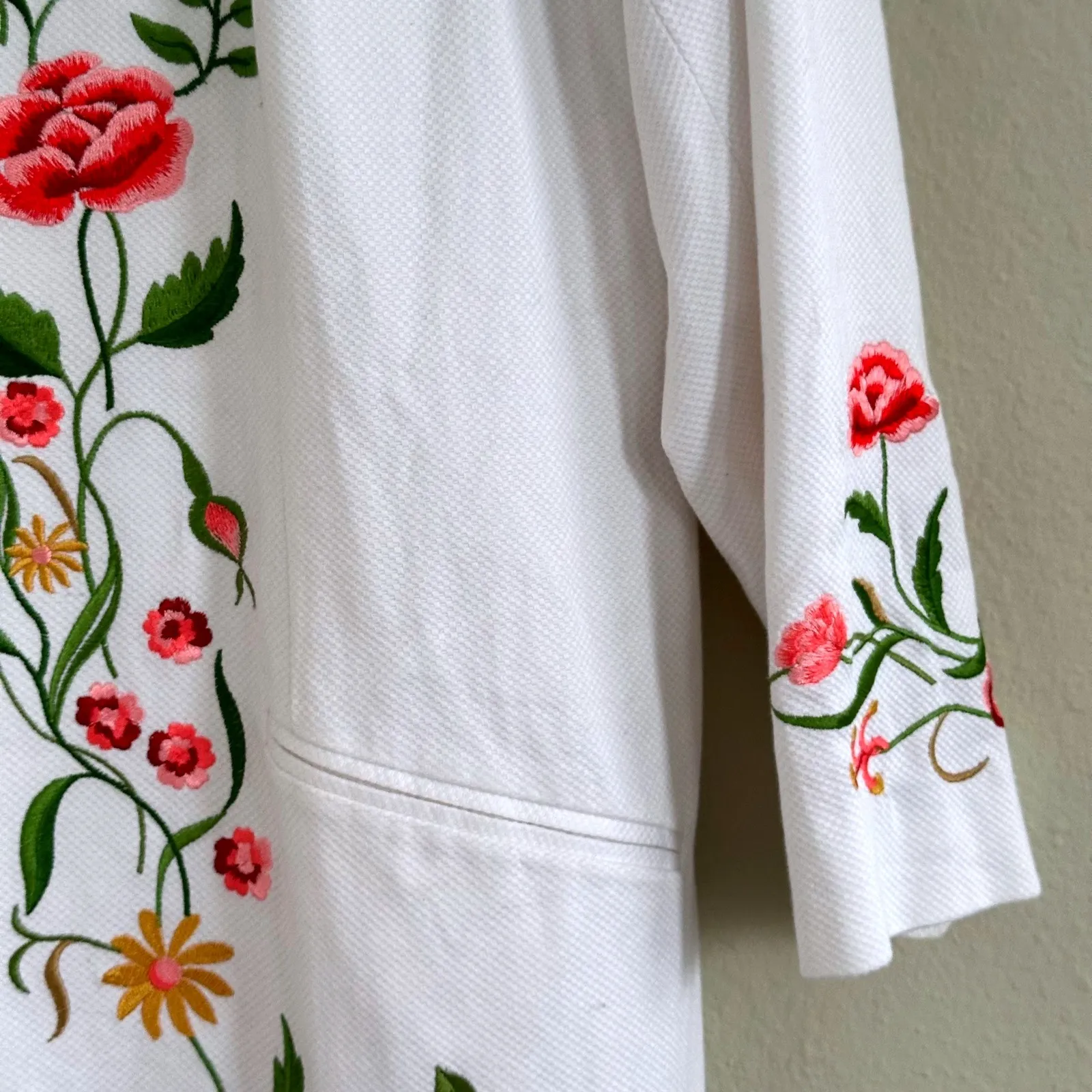 Victor Costa White Embroidered Floral Lined Coat 1X Long Jacket Mandarin Collar - Image 7