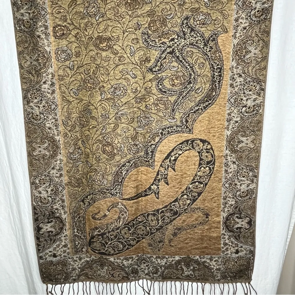 Pashmina Silk Blend Brown and Tan Oversize Scarf with‎ Fringe - Image 5
