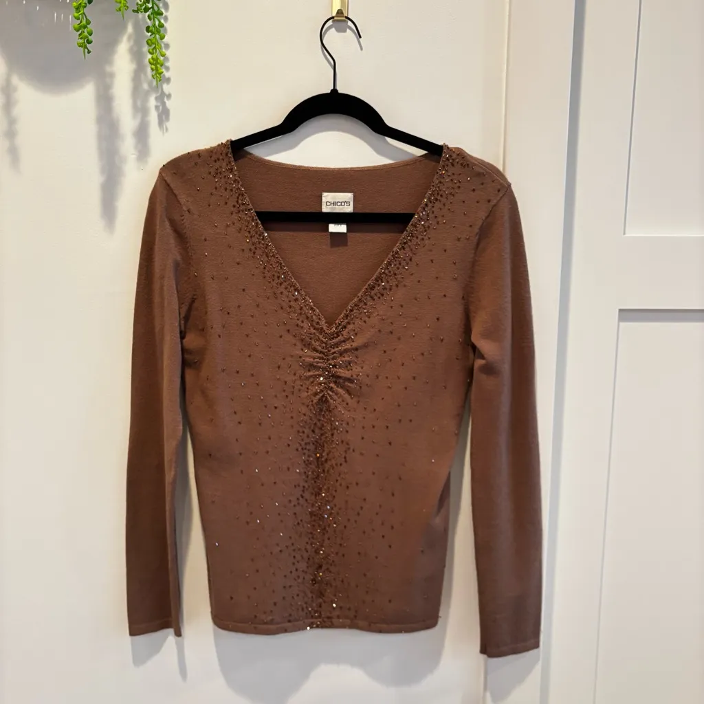 Chico's V-neck Women's Sweater Taupe Brown Shimmer Beaded Long Sleeve Size 0 - Image 2