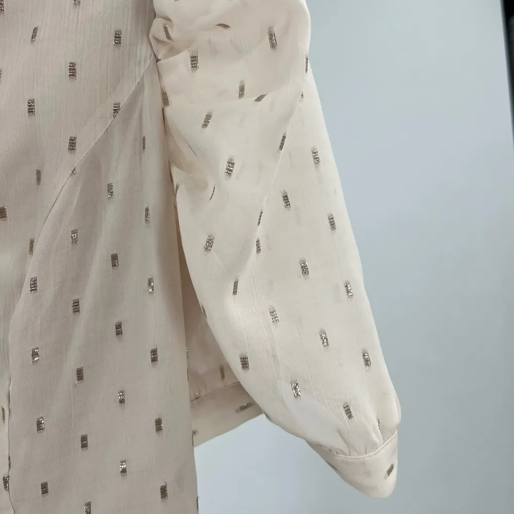 Express cream gold metallic embroidered sheer puff sleeve S mini dress keyhole - Image 5