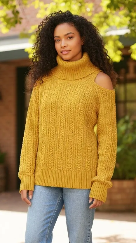 Studio Park Mustard Yellow Cable Knit Cowl Neck Cold Shoulder Sweater Small S - Image 1