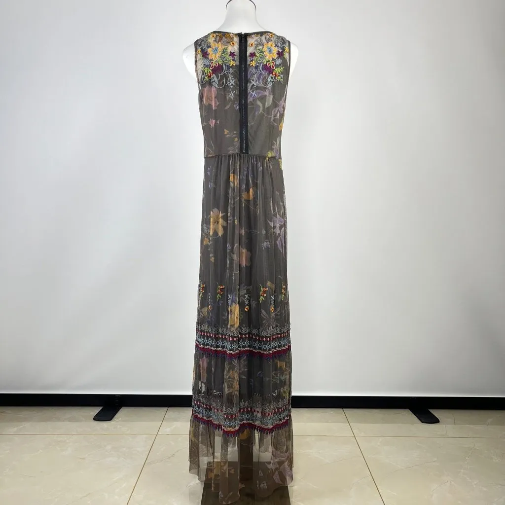 NWOT Johnny Was Embroidered LIYLAY Printed Mesh Maxi Dress Size S Multicolor - Image 9