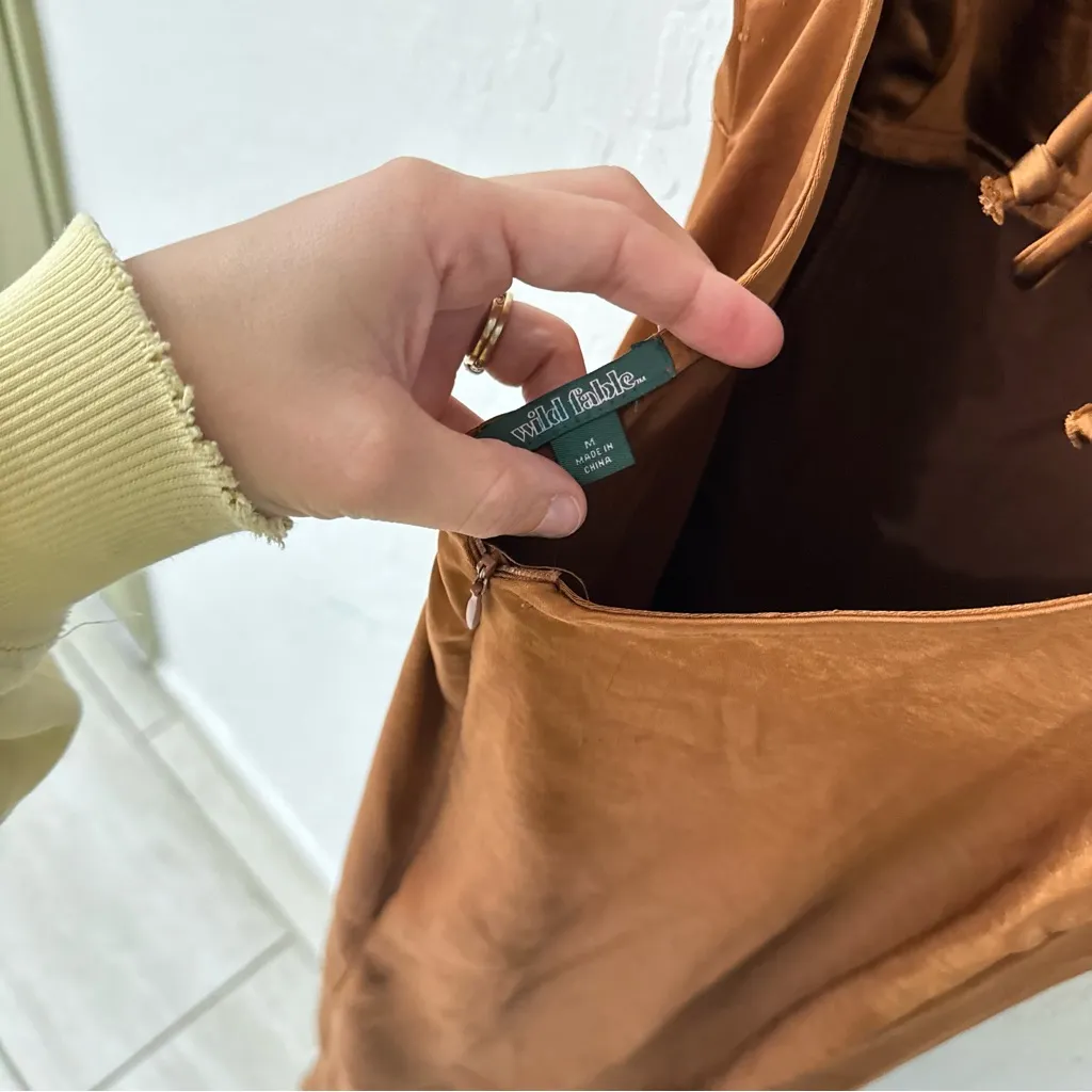 Wild Fable Brown Satin Slip Dress MIDI Adjustable Strap Side Slit Dress M - Image 6