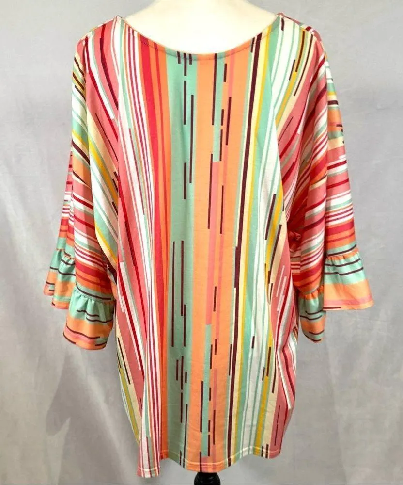 Boutique colorful stripe ruffle sleeve top size large NWOT Orange - Image 4