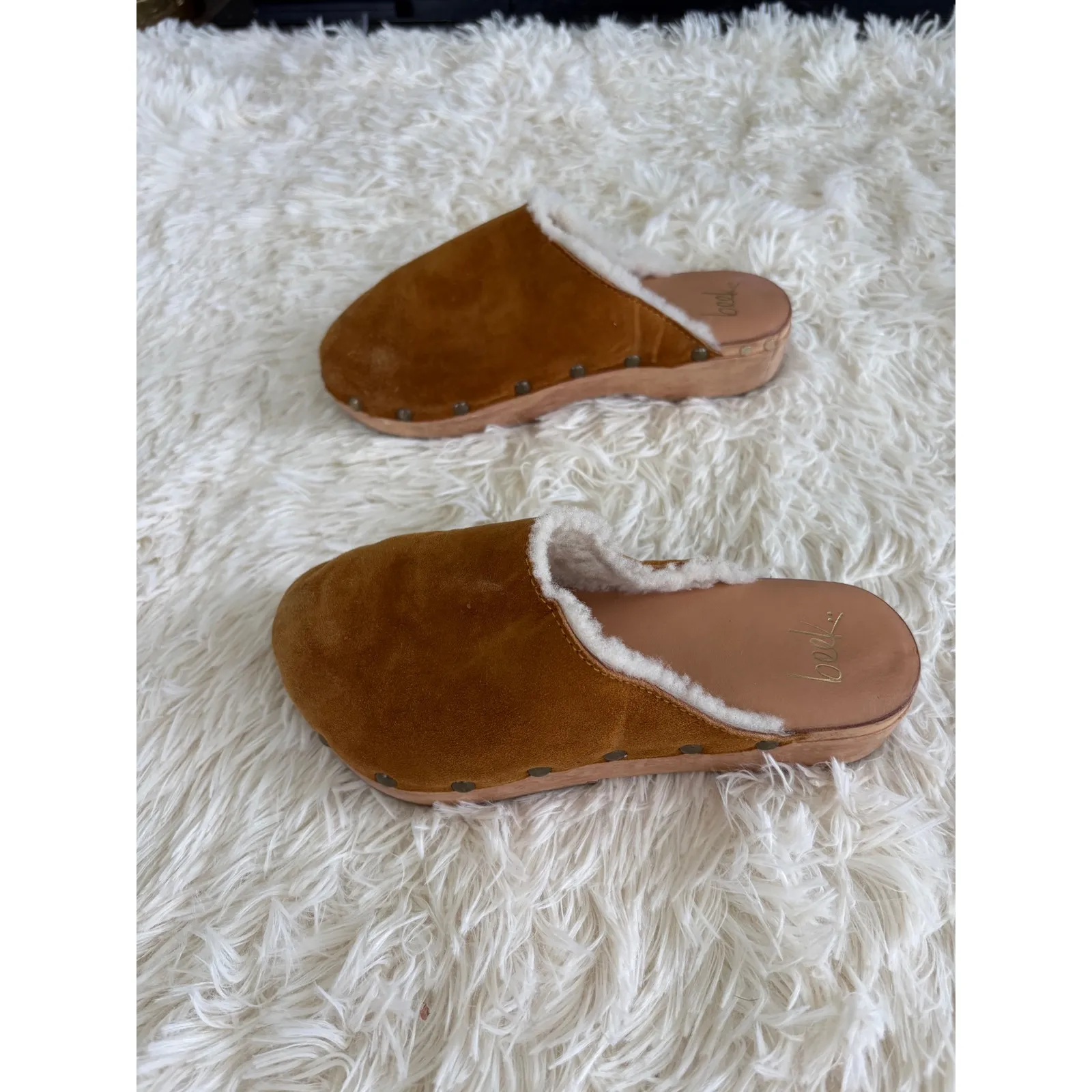 Beek‎ Anthropology Suede Clogs Shearling Lined Wooden Platform Slip On Mules Brown Size 5 - Image 3