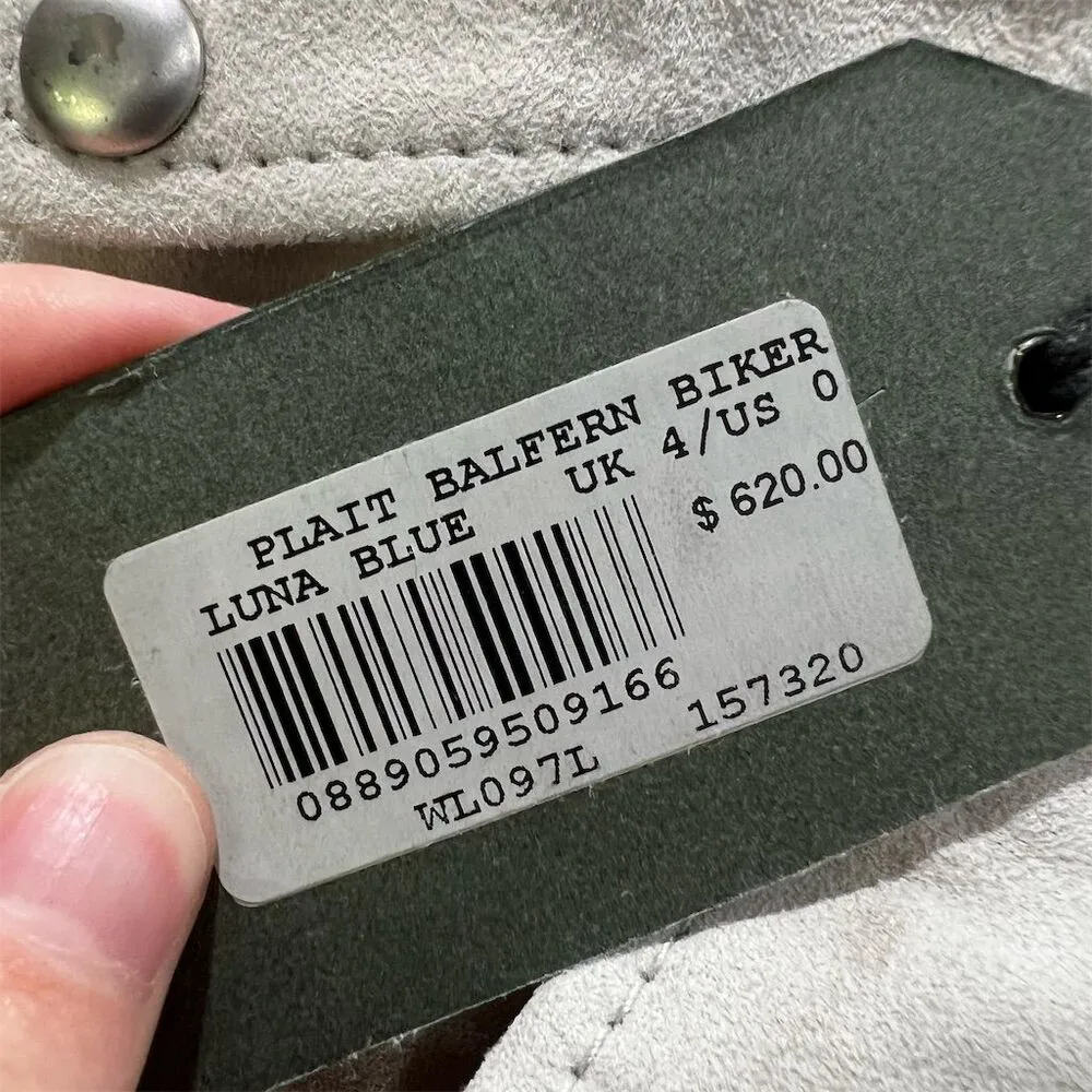 AllSaints Women's Luna Blue Gray Green Leather Plait Balfern Biker Jacket Size 0 - Image 3