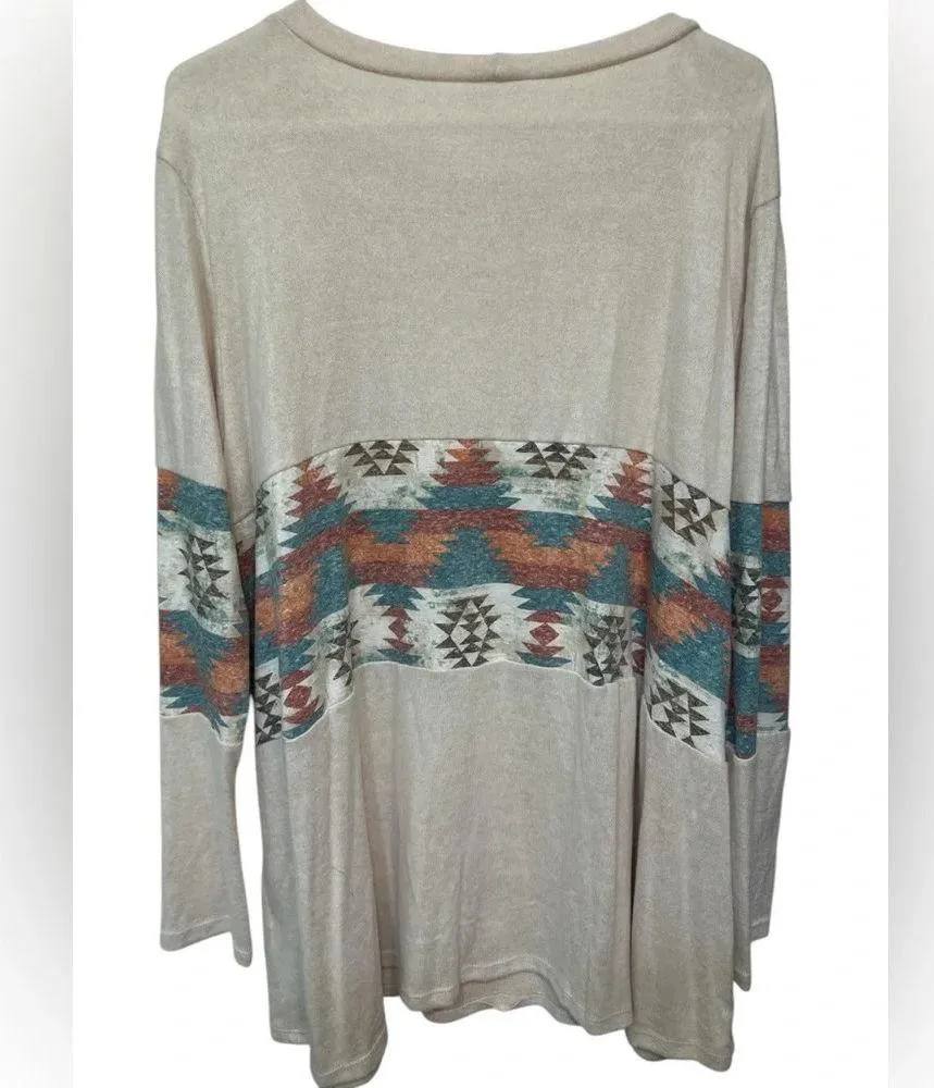P&Rose Natalie long sleeve cream Aztec print long leeve pullover shirt Blue Size 2X - Image 2