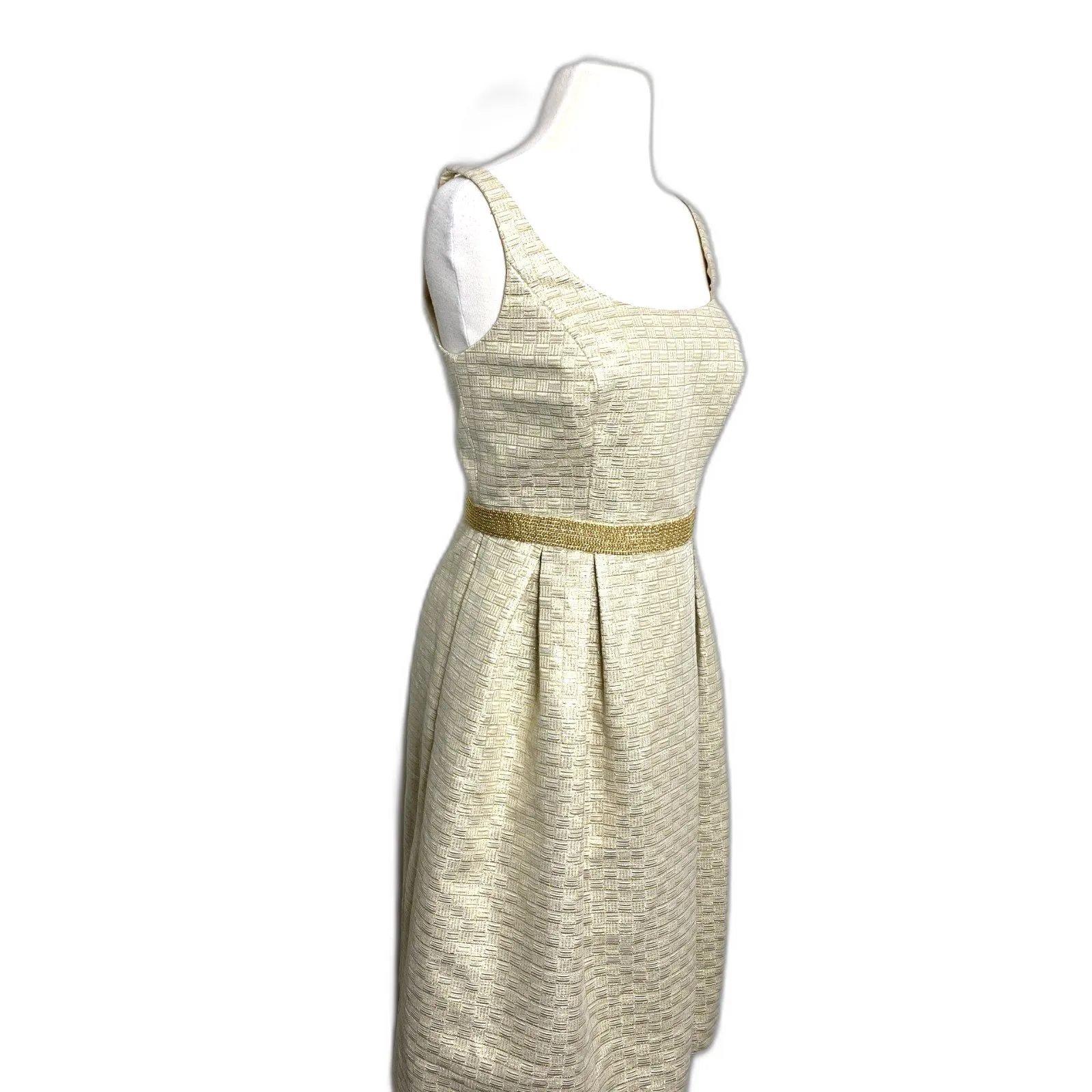 Carmen Marc Valvo Metallic Gold Chain Belt Linen Blend Elegant Sleeveless Gown 8 - Image 9