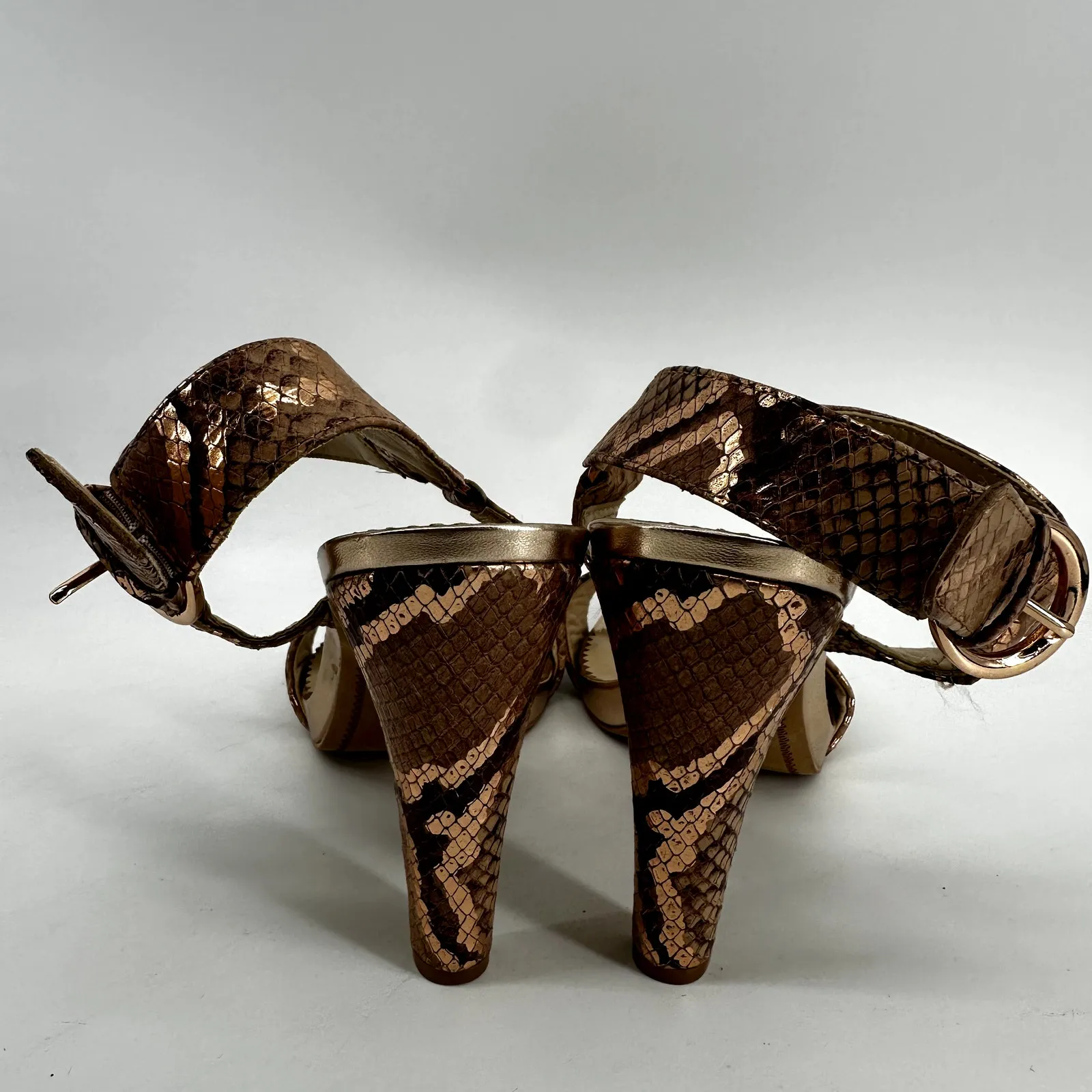 Karl Lagerfeld Cieone Sandals Leather Heels Ankle Snakeskin Metallic Gold 9.5M - Image 5