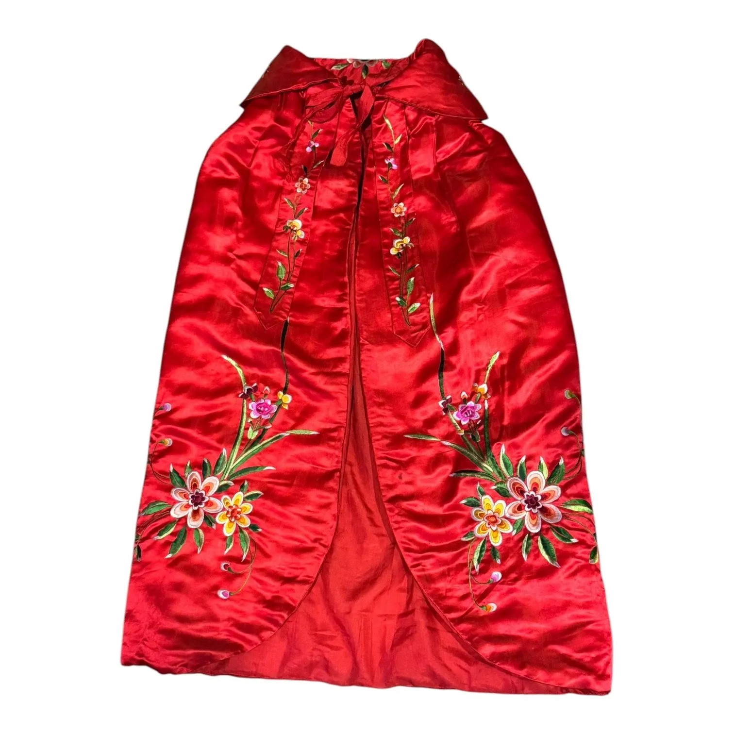 Vintage Red Silk Embroidered Padded Cape with Floral Satin Stitch Detail small - Image 6
