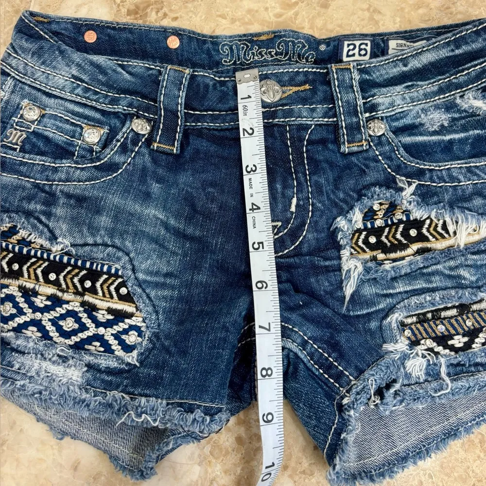 Miss Me Blue Distressed Jean Shorts with Bohemian Patches - Image 6