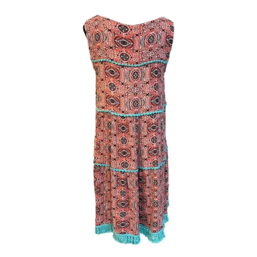 Uncle Frank coral mandala shift dress with piping and fringe, EUC size S - Image 3