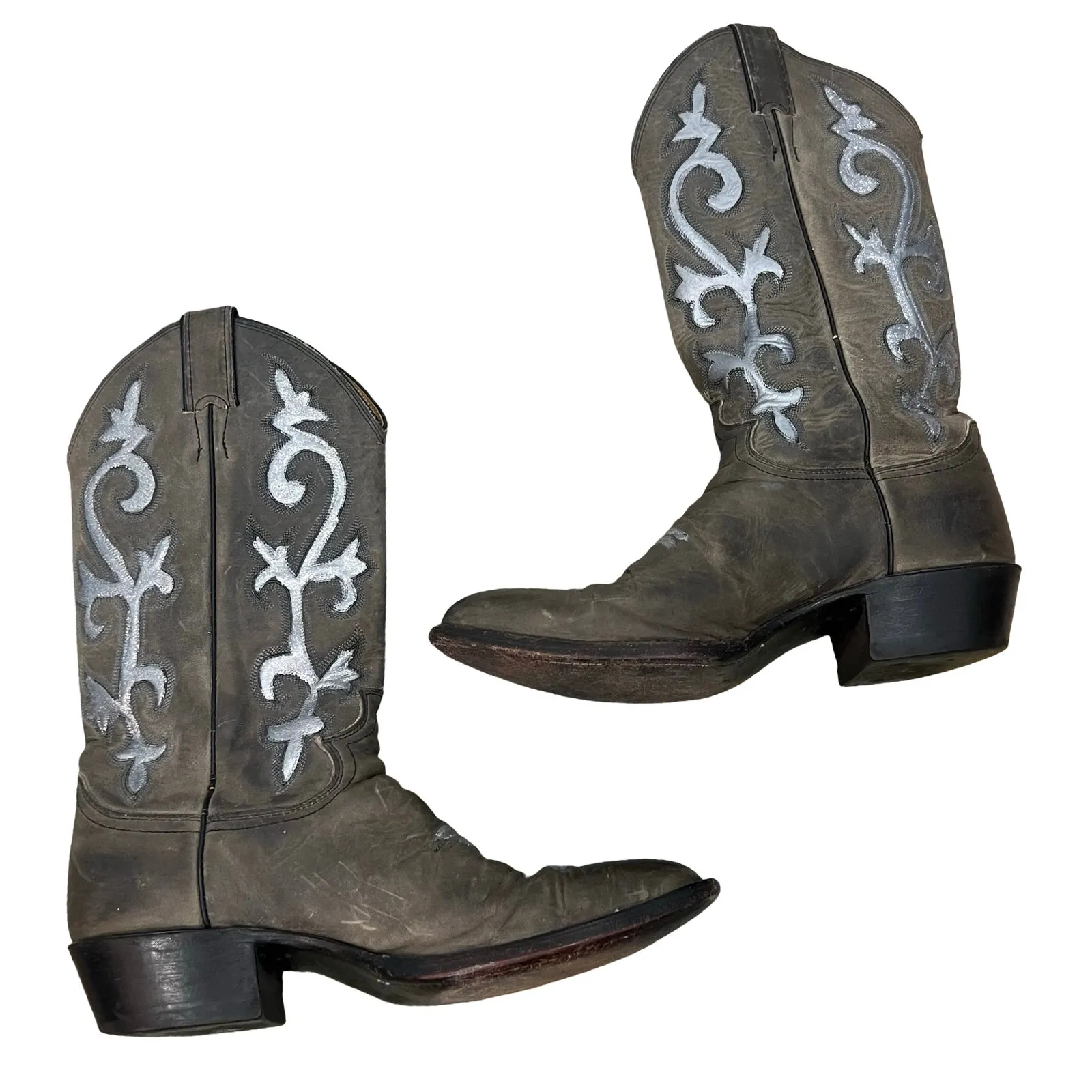 Justin Brown SIlver Leather Western Cowboy Boots Men's sz 7.5 D Women's size 9.5 - Image 2