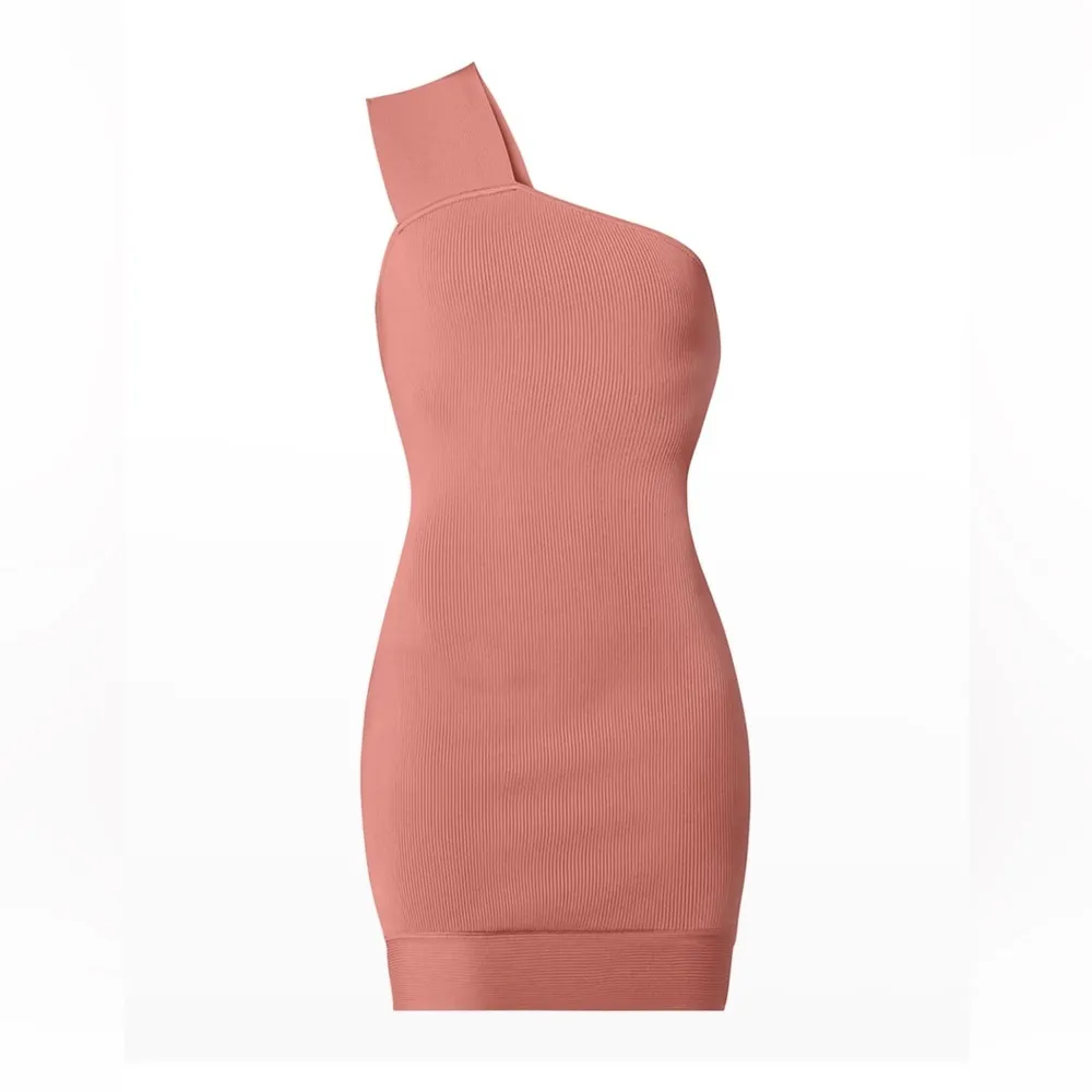 HERVÉ by Hervé Léger Asymmetric Ribbed Bandage Mini Dress - Image 6