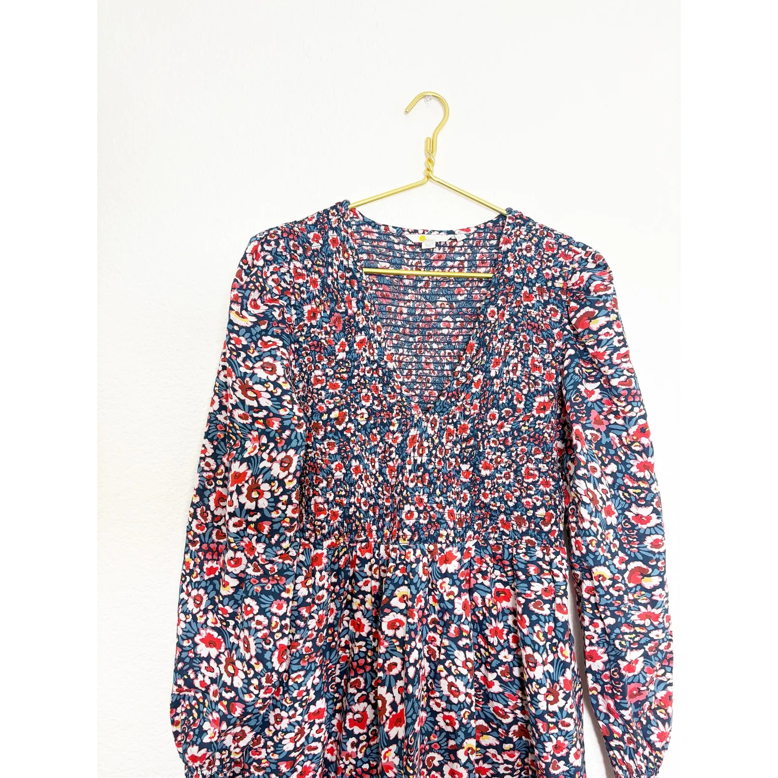 Boden Smocked Bodice Mini Dress Size 12L Blue Floral Long Sleeve Boho Preppy - Image 5