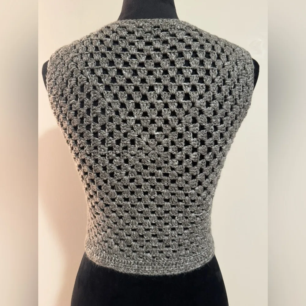 Handmade Gray Crochet Vest with Green and Blue Granny Squares size XS - Image 5