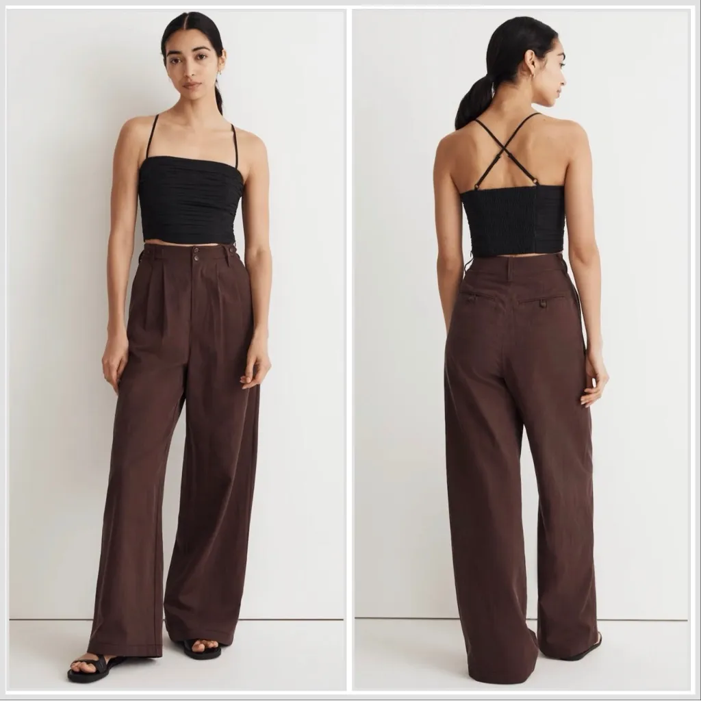 Madewell Harlow Wide Leg Pleated Pants Chocolate Raisin Tencel Linen Sz 10 NWT - Image 2
