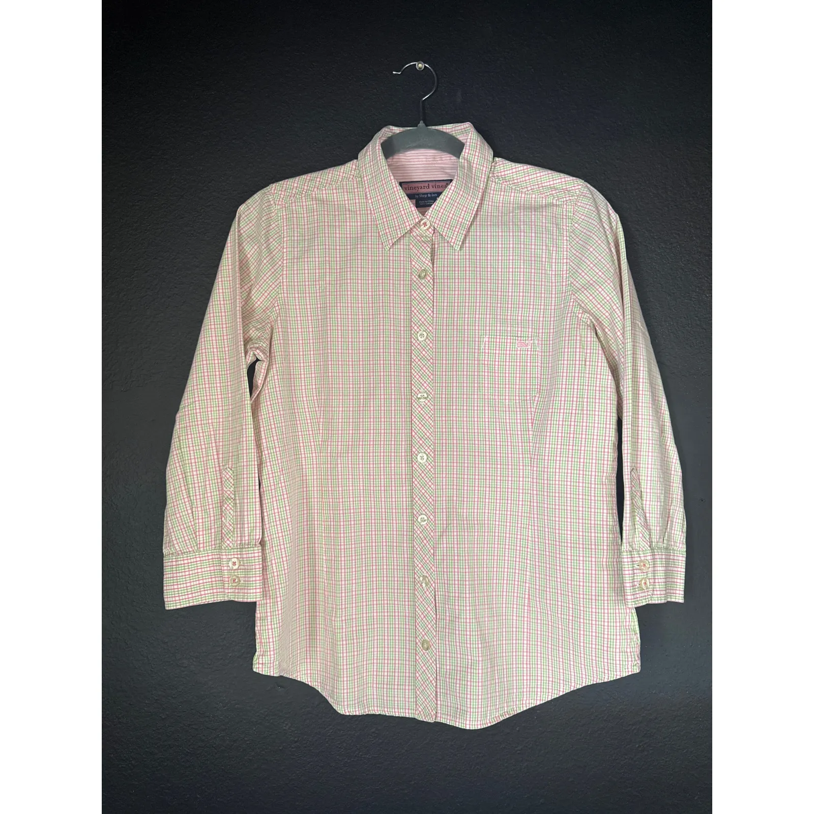 Vineyard Vines Preppy Pink Green Plaid 3/4 Sleeve Button Down Shirt Women's 6 - Image 2