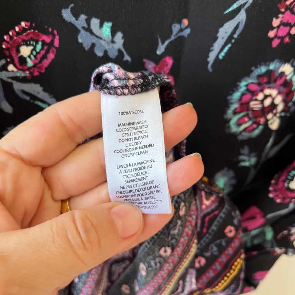 Sz S Pullover Black Floral Midi Dress Casual Boho Chic Loose Fit Belted - Image 6