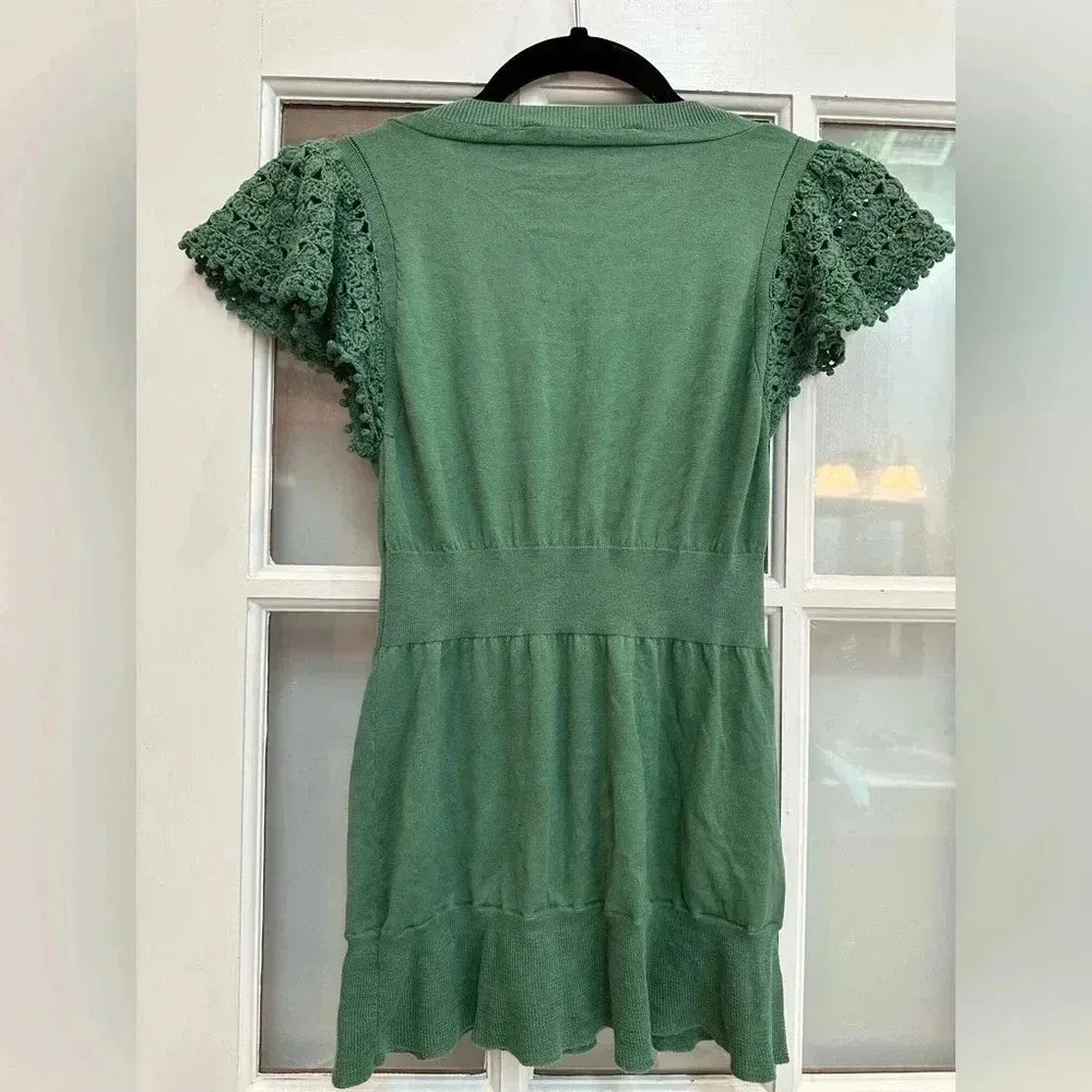 Vintage BcbgMaxAzria Y2K Light Amazon Green Silk Babydoll Knit Blouse Size XS - Image 2