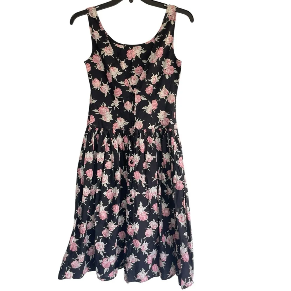 Eileen West Vintage Floral Sleeveless Midi Dress Size 10 Black Pink Rose Cotton - Image 4