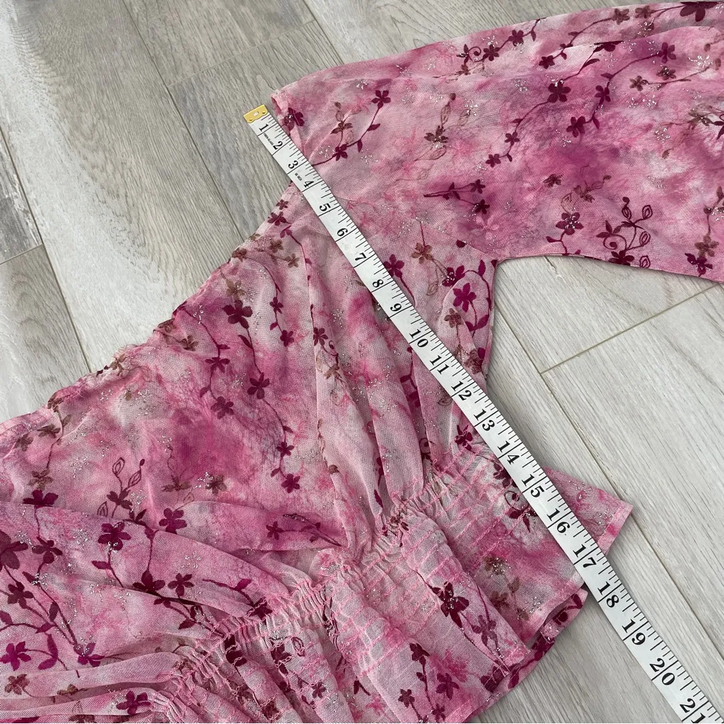 Fairy Floral Top off shoulder bell sleeve sheer mesh womens Pink large festival - Image 5