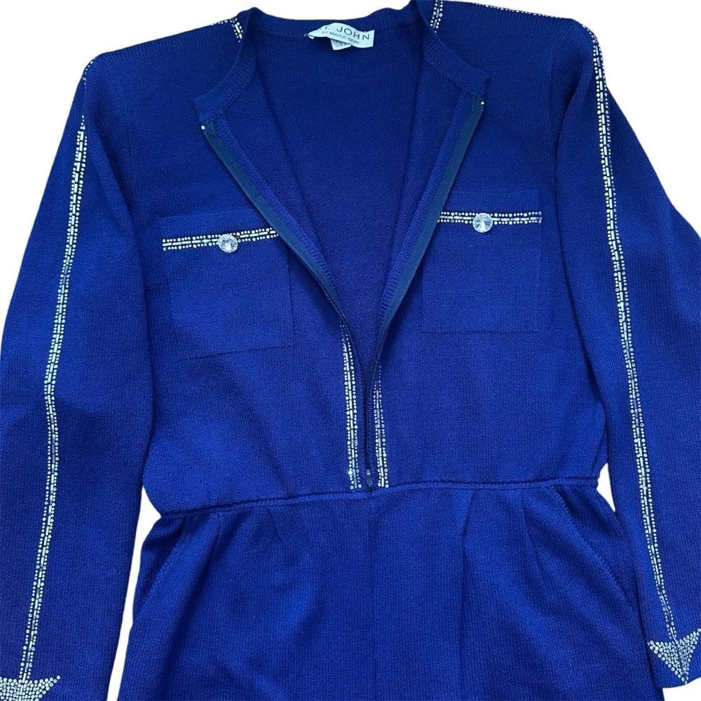 ST. JOHN Size 14 Royal Blue Made In USA Rhinestone Trimmed Knit Jumpsuit Pockets - Image 10