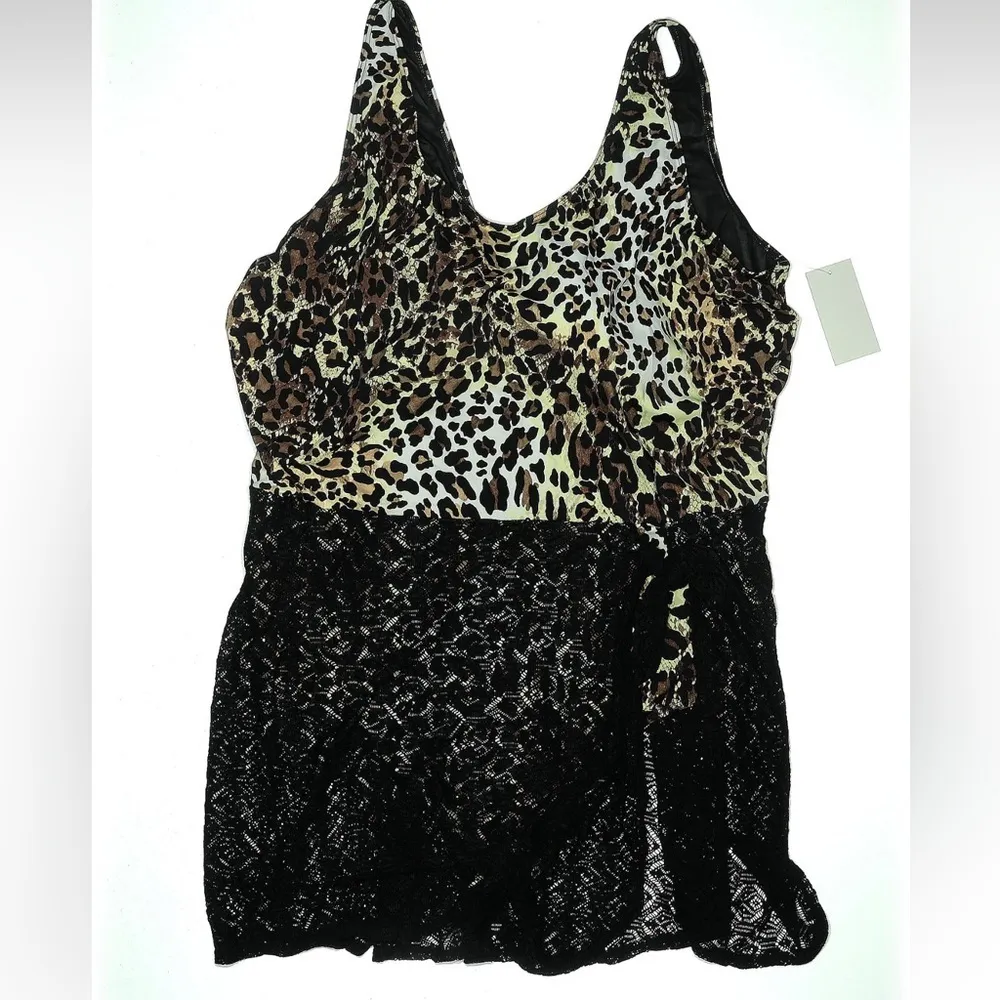 Swimsuits For All Leopard Print One Piece Swimsuit Black Skirt Plus Size 34 NWT Brown - Image 2