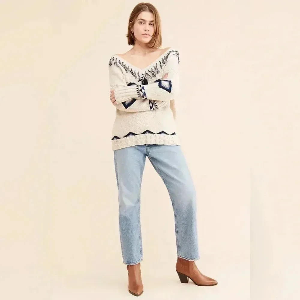 Anthropologie Chaser Eagle Pullover Fringe Sweater Native Aztec Western Size XS - Image 7