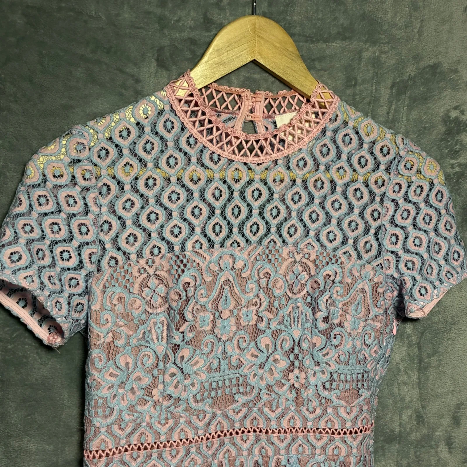 Anthropologie Foxiedox Flourite Lace Midi Dress Pink Blue Crochet XS - Image 3