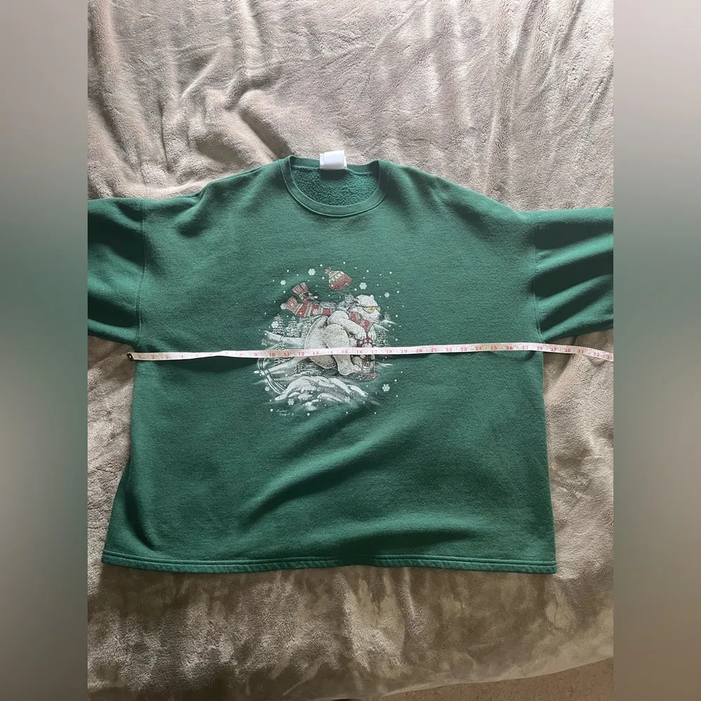 Vintage Sledding Polar Bear Green Oversized Crewneck Sweatshirt Unisex Sz XL GUC - Image 6