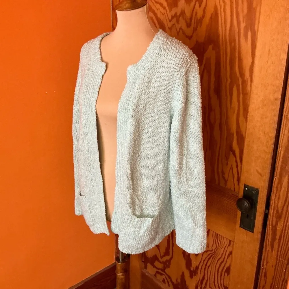 Vintage 80s Mint Knit Cardigan Sweater Open Front Cozy Layering Green Size L - Image 8