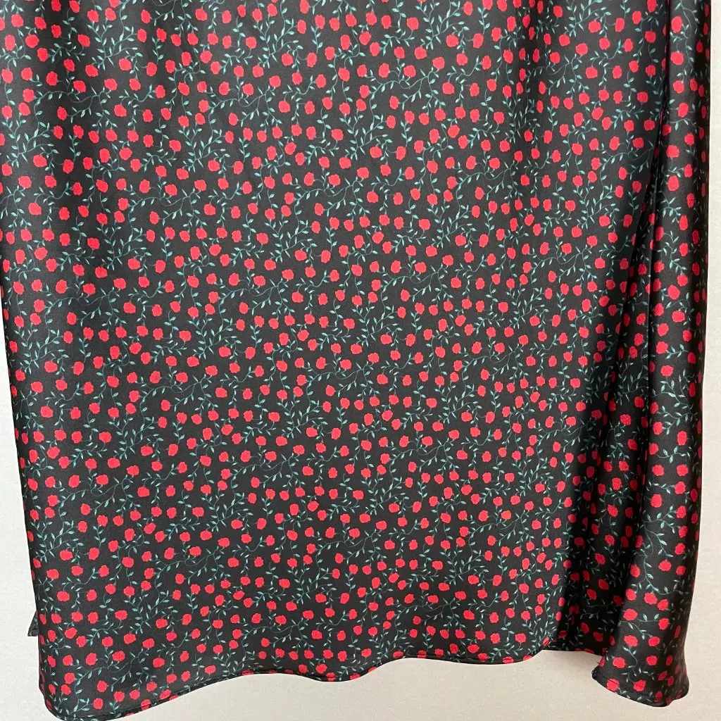 Dip Skirt Floral Print Midi Straight Rose Pattern Slit Black Red Medium Women - Image 8