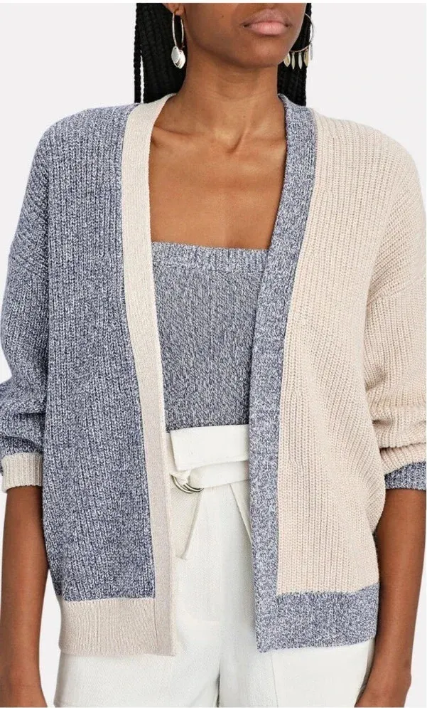INTERMIX Aurora Two-Tone Rib Knit Cardigan Sweater Blue Beige Size XS - Image 1