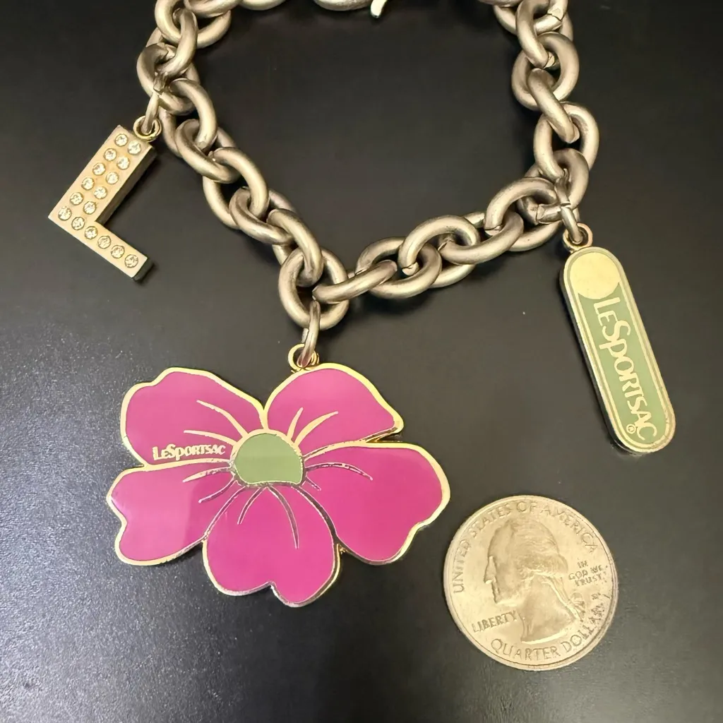 LESPORTSAC Silver-tone Enameled Flower Rhinestones Bag Charm Keyring Keychain - Image 8