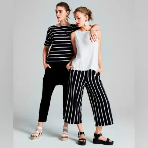 Eileen Fisher  Large Black White Stripe Jersey Pull On Cropped‎ Wide Leg Pants - Image 4