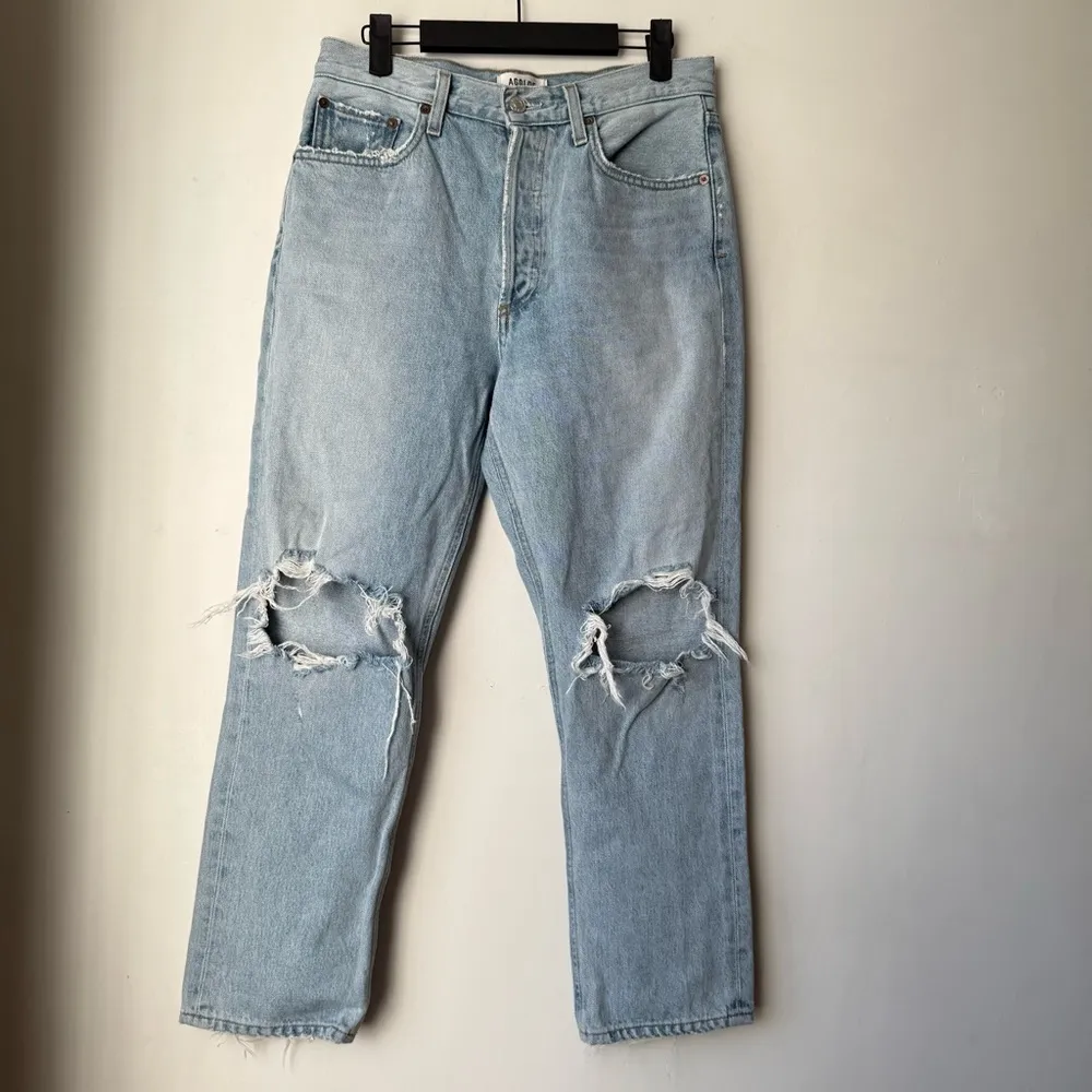 Agolde Riley High Rise Straight Crop Rip Knee Distressed Jeans Clear Skies 28" - Image 7