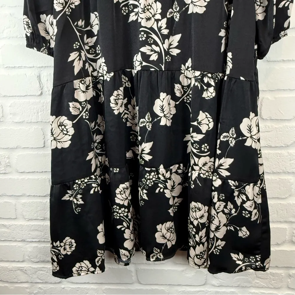 Polagram Black Floral Print Dress Collar Button Down Front Elastic Cuffs Medium - Image 6