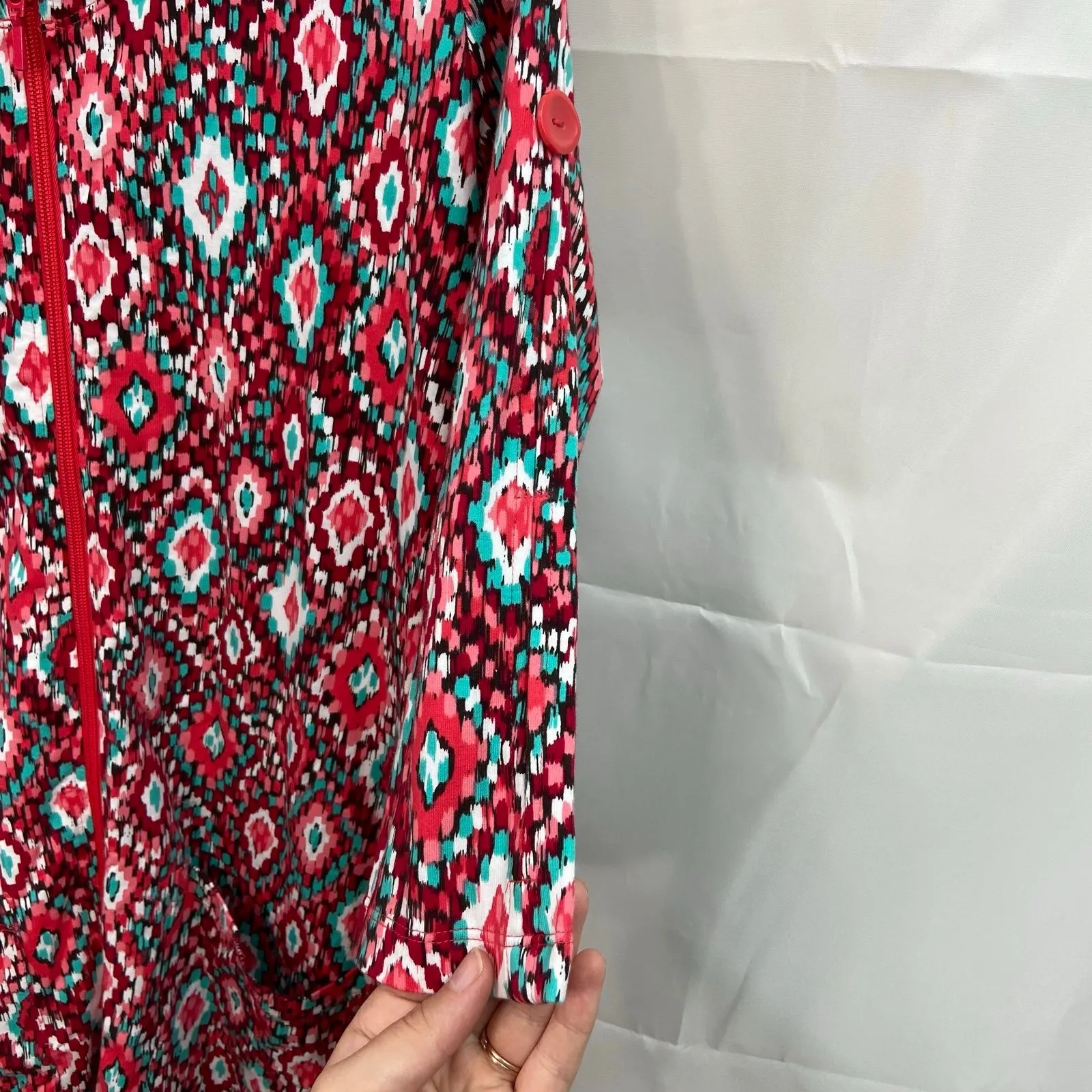 NEW D&Co beach women's red pink geometric pocket full zip swim cover up dress XS - Image 5